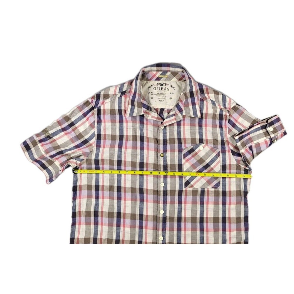 GUESS Men's Slim Fit Short Sleeve Plaid Shirt - Multicolor (Blue/Pink/Gray) - Picture 9 of 14
